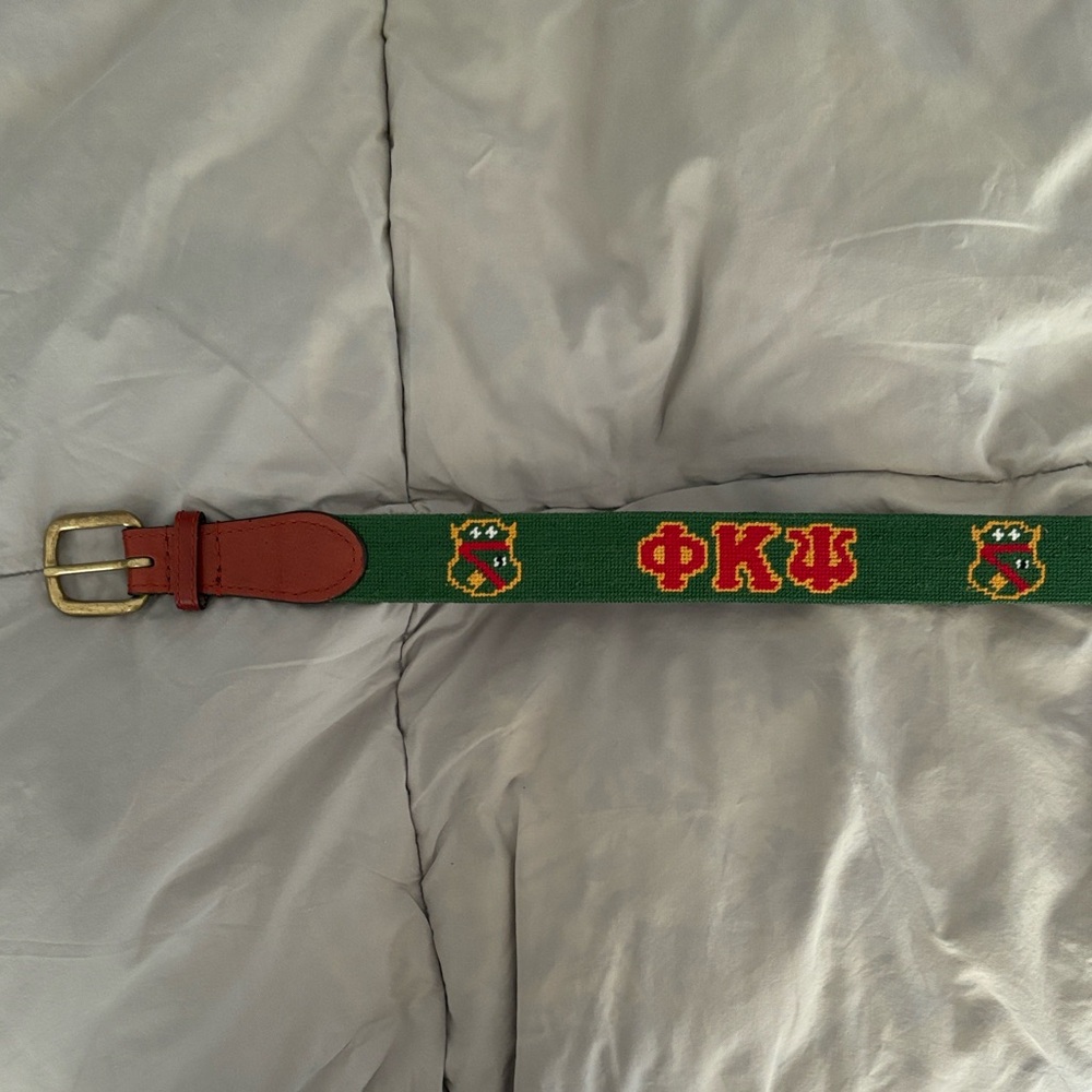Green Embroidered Greek Letter Belt with Brown Leather Trim